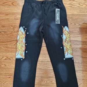 NWT KDNK Men's 2-Piece Tracksuit Set - Black Hoodie & Joggers Stained Glass